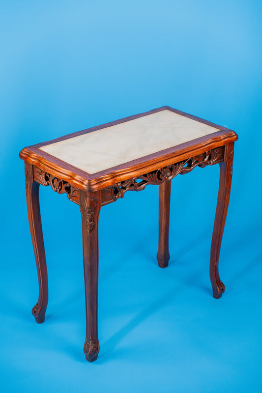 Asian Inspired Carved Wooden Table with Marble Inlay