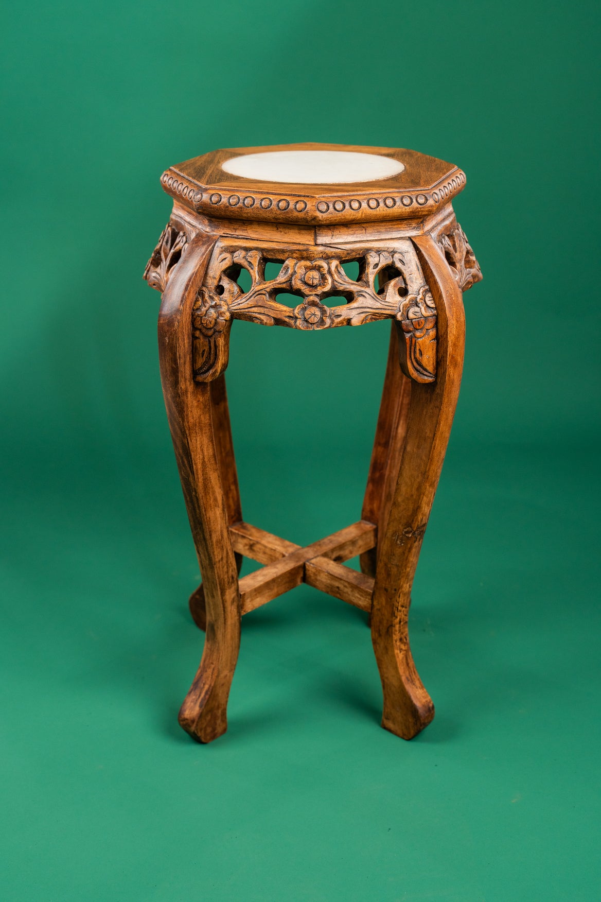 Mid-Century Carved Wooden Plant Stand with Marble Centre